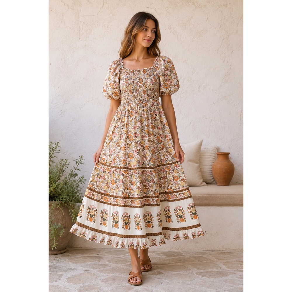 Kindred Floral Maxi Dress Smocked Puff Sleeve Boho Cottagecore Prairie Women's L